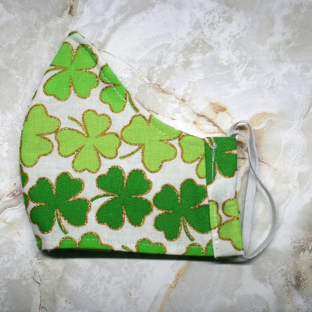 HAND CRAFTED Face Mask Green Shamrock Adult Cloth Fabric Print - Shield Style